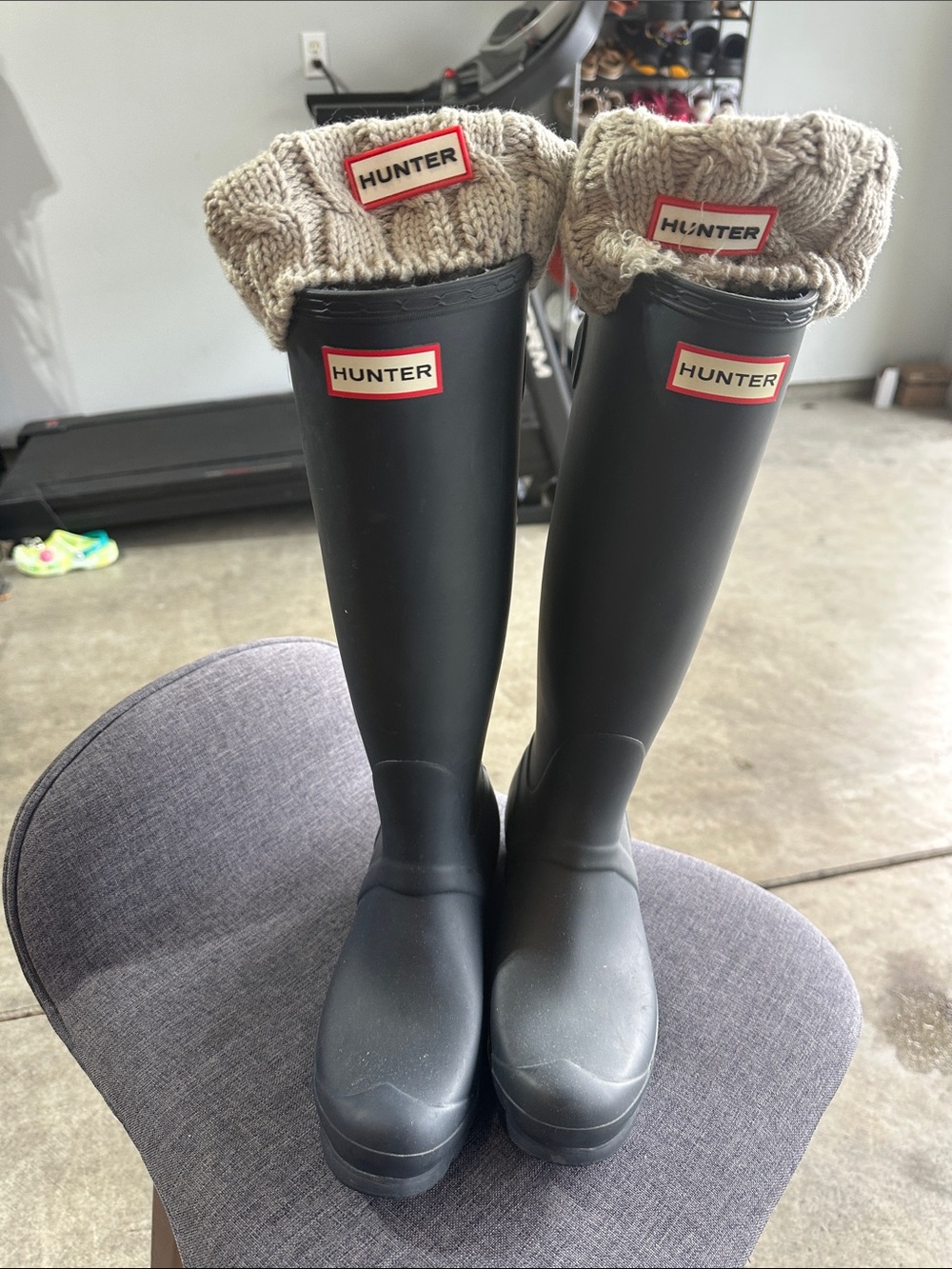 Hunter Black Rain Boots with Cream Knit Cuffs - Picture 6 of 11